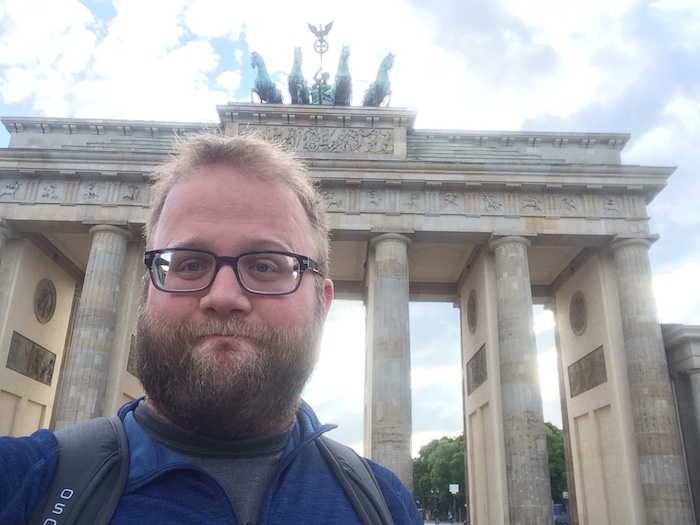 in front of the Brandenburg Gate in Berlin in May of 2015
