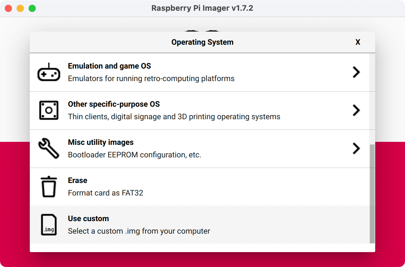 The Raspberry Pi Imager interface selecting a custom operating system
