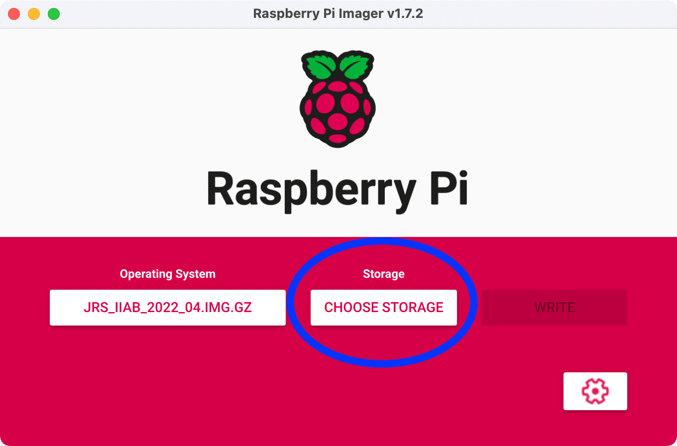 The Raspberry Pi Imager interface with the ‘Choose Storage’ button circled